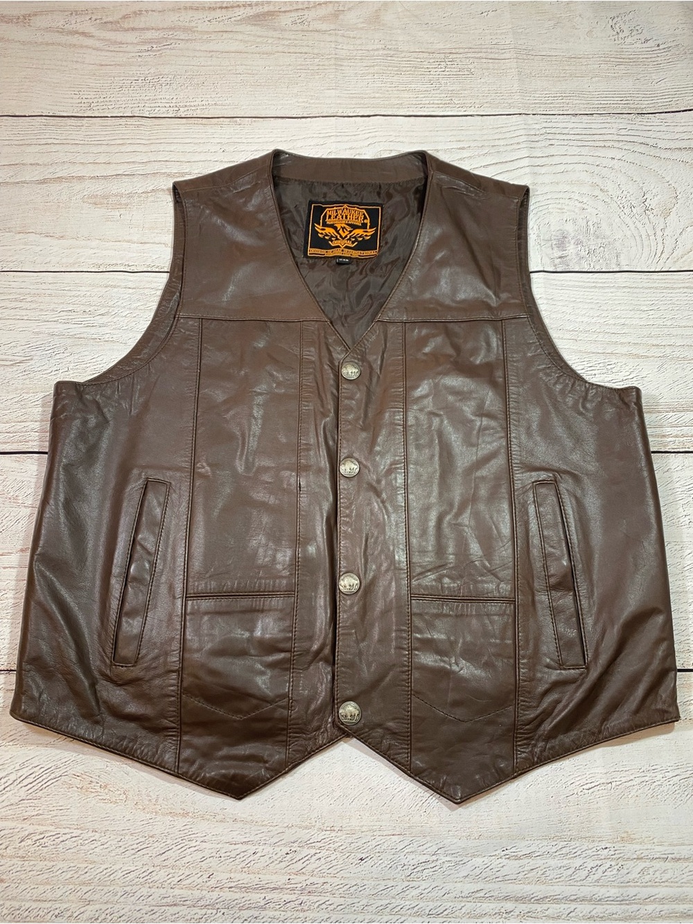 Men's Brown Leather Vest with Button Front - Heritage Style XXL
